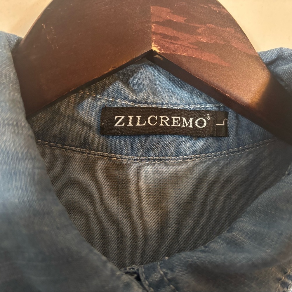 Zilcremo Chambray Button Down Shirt Dress Women’s Large Denim Look Pockets - Picture 3 of 10